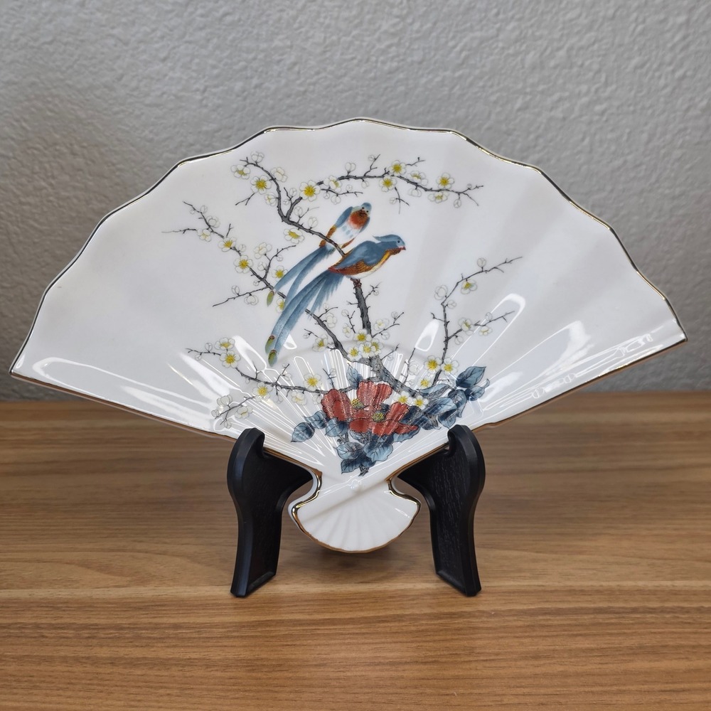 Vintage Jay Japan Fine China Fan Shaped Trinket Dish Birds Flowers Gold Trim 10"